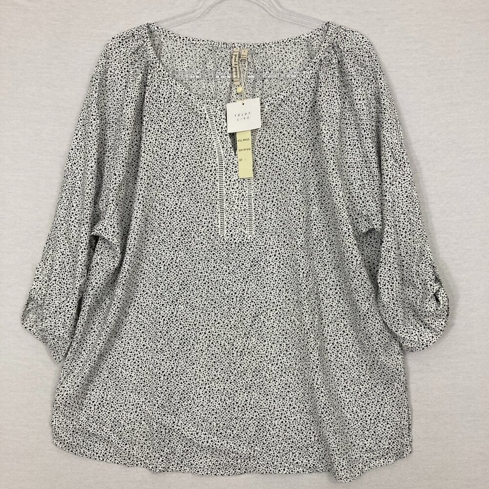 New Grand & Greene Black White Geometric Print Soft Rayon Popover Top Large
